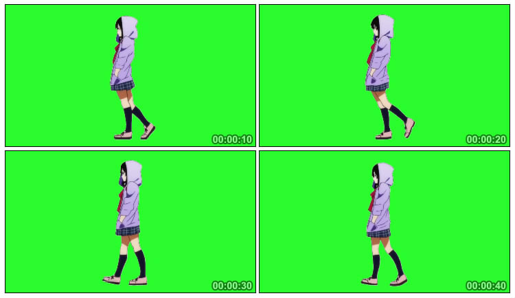 日系动漫卡通女孩穿连帽衫走路绿布后期特效视频素材