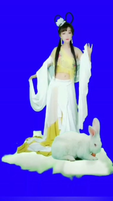 白衣仙女嫦娥兔子蓝布抠像后期特效视频素材