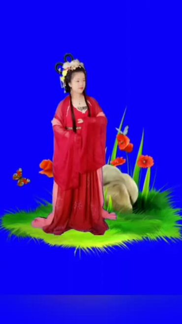 红衣古典美女葬花蓝屏抠像后期特效视频素材