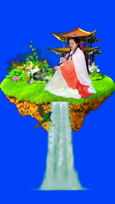 美女悬浮岛仙境蓝屏抠像后期特效视频素材