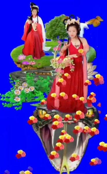红衣古典美女站在蛇头蓝屏抠像后期特效视频素材