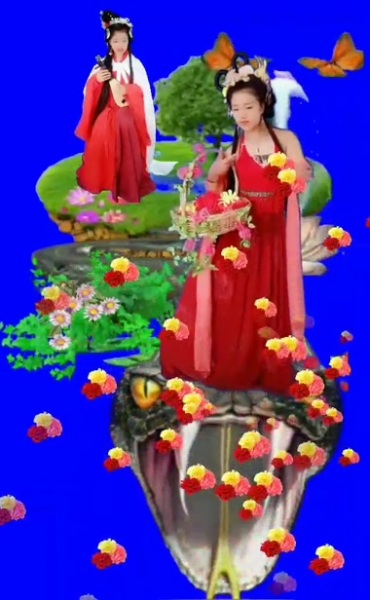 红衣古典美女站在蛇头蓝屏抠像后期特效视频素材