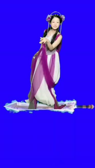 美女御剑飞行人物抠像蓝屏后期特效视频素材