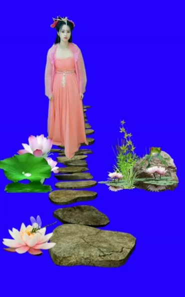 古装美女踩石头过河人物抠像后期特效视频素材