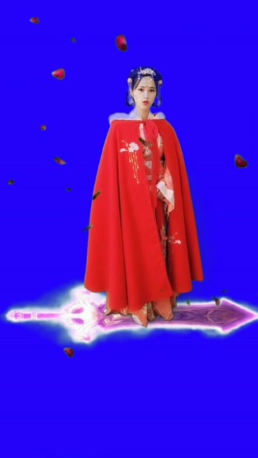 红衣披风美女御剑飞行蓝布抠像后期特效视频素材