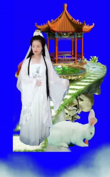 白衣女子兔子亭阁凉亭仙气蓝幕后期特效视频素材