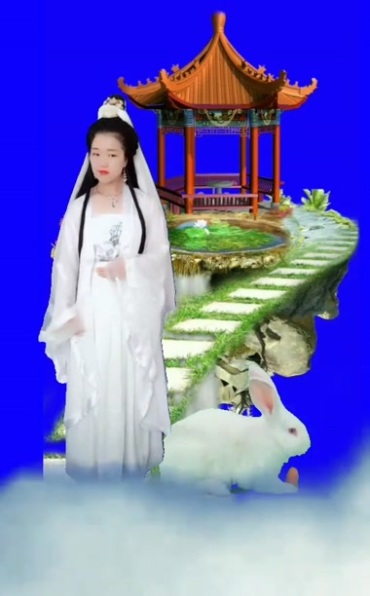 白衣女子兔子亭阁凉亭仙气蓝幕后期特效视频素材