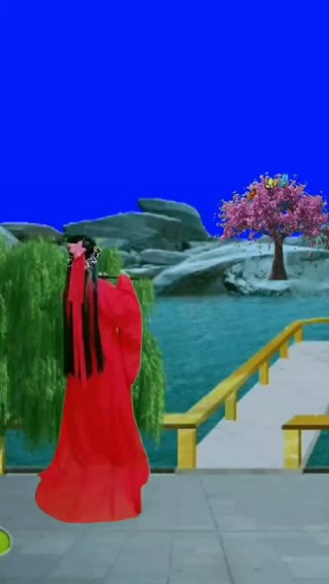 红衣美女站在河边吹笛子后期特效视频素材