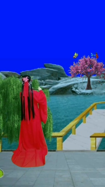 红衣美女站在河边吹笛子后期特效视频素材
