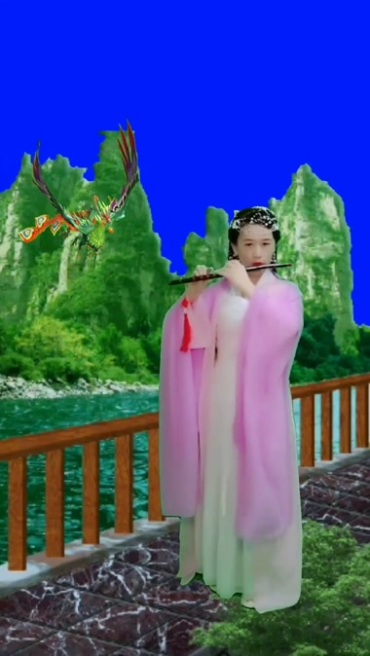 古装美女吹笛子山体背景后期特效视频素材