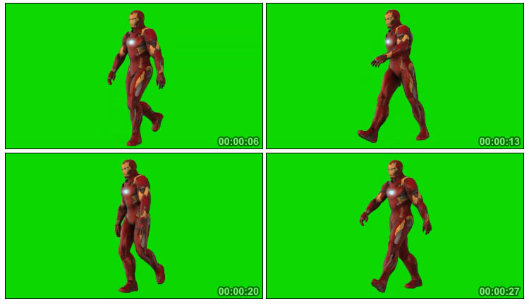钢铁侠走路姿态绿屏抠像后期特效视频素材
