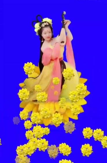古代菊花仙子美女弹琵琶蓝屏后期特效视频素材