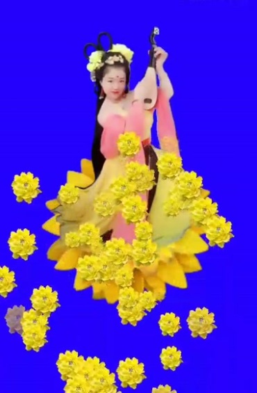 古代菊花仙子美女弹琵琶蓝屏后期特效视频素材