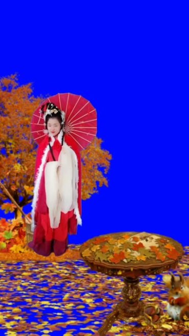 美女撑伞蓝屏抠像后期特效视频素材