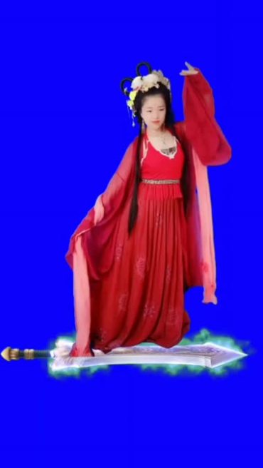 红衣美女御剑飞行蓝屏抠像后期特效视频素材