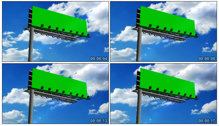 蓝天白云下高速公路旁广告牌绿布后期特效视频素材