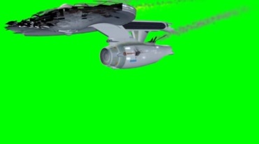 星际飞船冒烟损坏飞过绿屏抠像后期特效视频素材