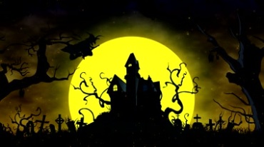万圣节月圆之夜鬼节吸血鬼古堡骑着扫帚的巫婆视频素材