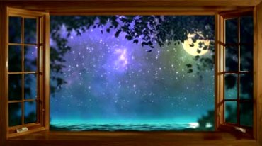 窗外月亮星空夜晚湖水背景视频素材