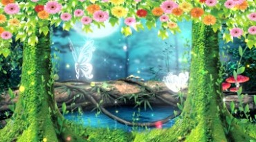 梦幻童话森林深处水塘水晶蝴蝶粒子视频素材