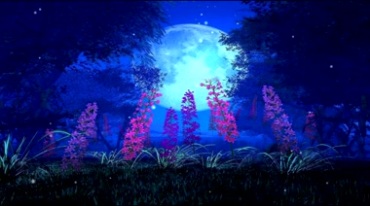 蓝色月亮夜晚月光草地树影视频素材