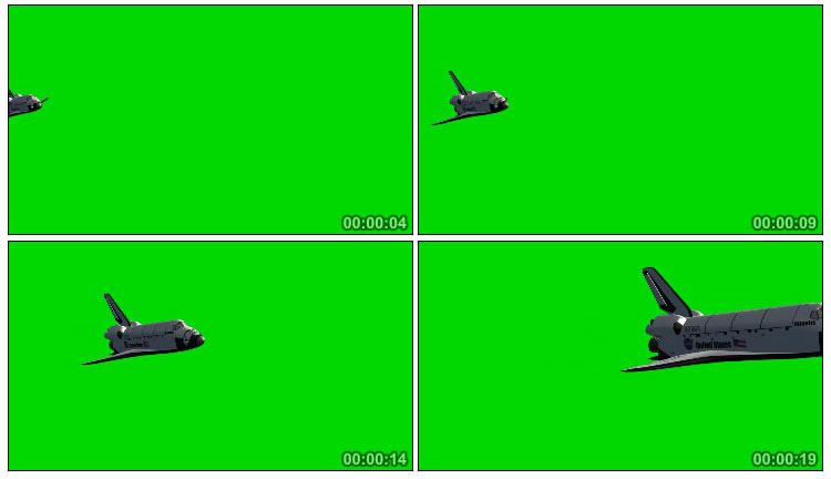 航天飞机侧身飞过绿屏后期抠像视频素材