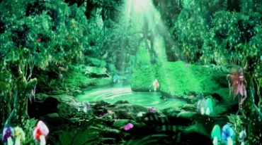 绿色森林太阳光照射进池塘蝴蝶飞舞视频素材