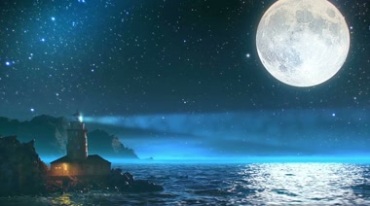 大海灯塔灯光照射夜色大月亮视频素材