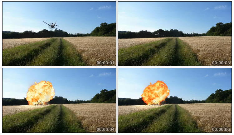 战斗飞机在稻田里坠毁爆炸视频素材