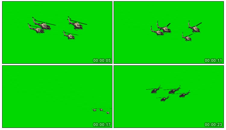 直升飞机队列空中飞过绿屏后期抠像视频素材
