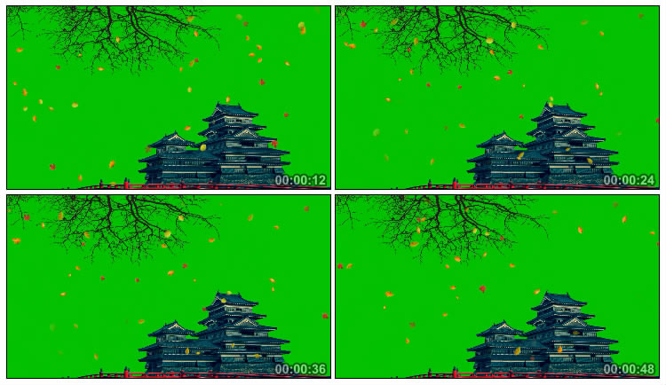 中国古建筑高楼落叶绿屏抠像视频素材