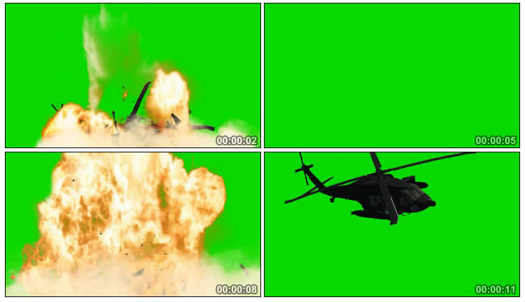 直升飞机失事坠毁爆炸起火绿屏后期抠像视频素材