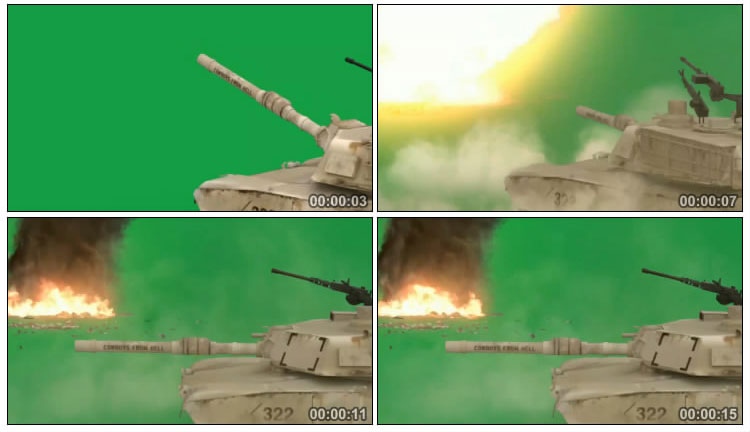 坦克开炮火光冲天绿屏抠像视频素材