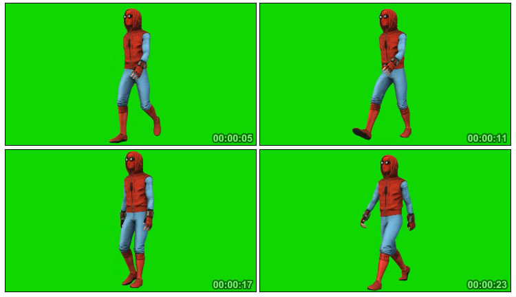 穿着蜘蛛侠衣服的人走路绿屏人物抠像视频素材
