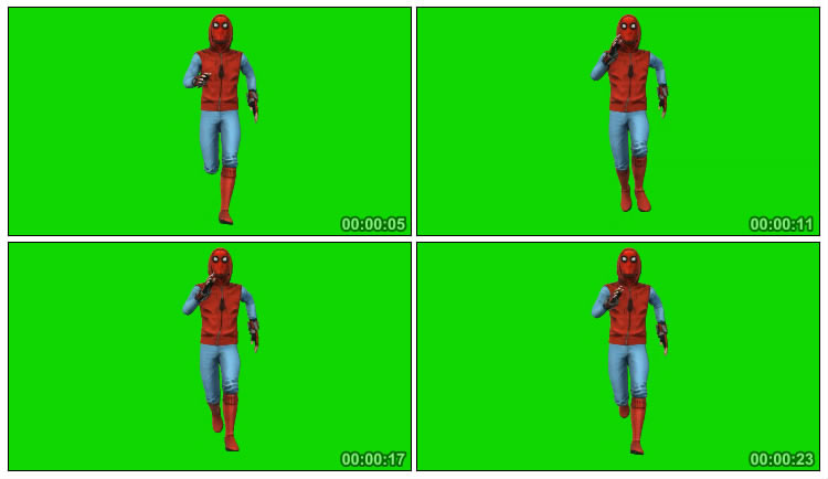 蜘蛛侠正面奔跑绿布人物抠像特效视频素材