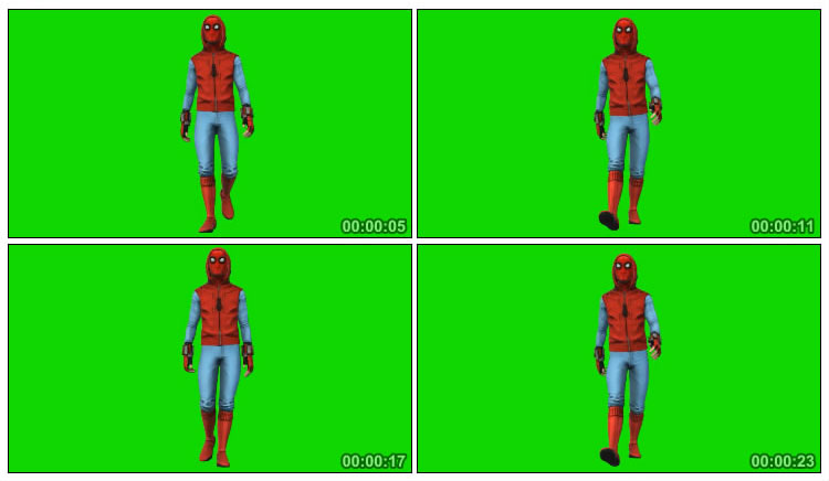 蜘蛛侠正面走来绿布抠像特效视频素材