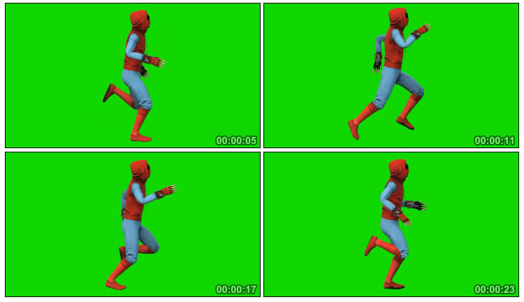 蜘蛛侠奔跑侧面摄影绿屏人物抠像视频素材